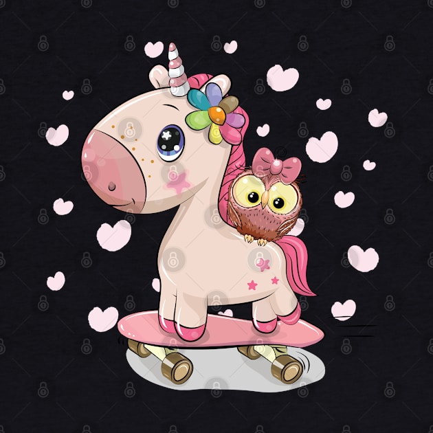 Cute pink little unicorn and owl on a skateboard by playmanko